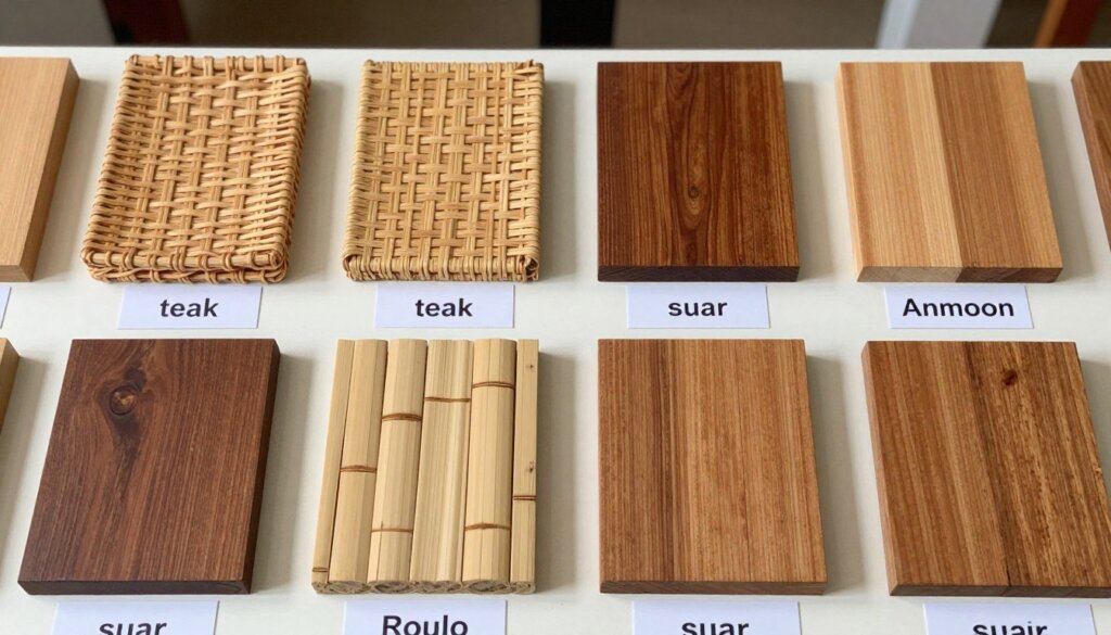 Comparison display of different wood types used in Bali furniture manufacturing