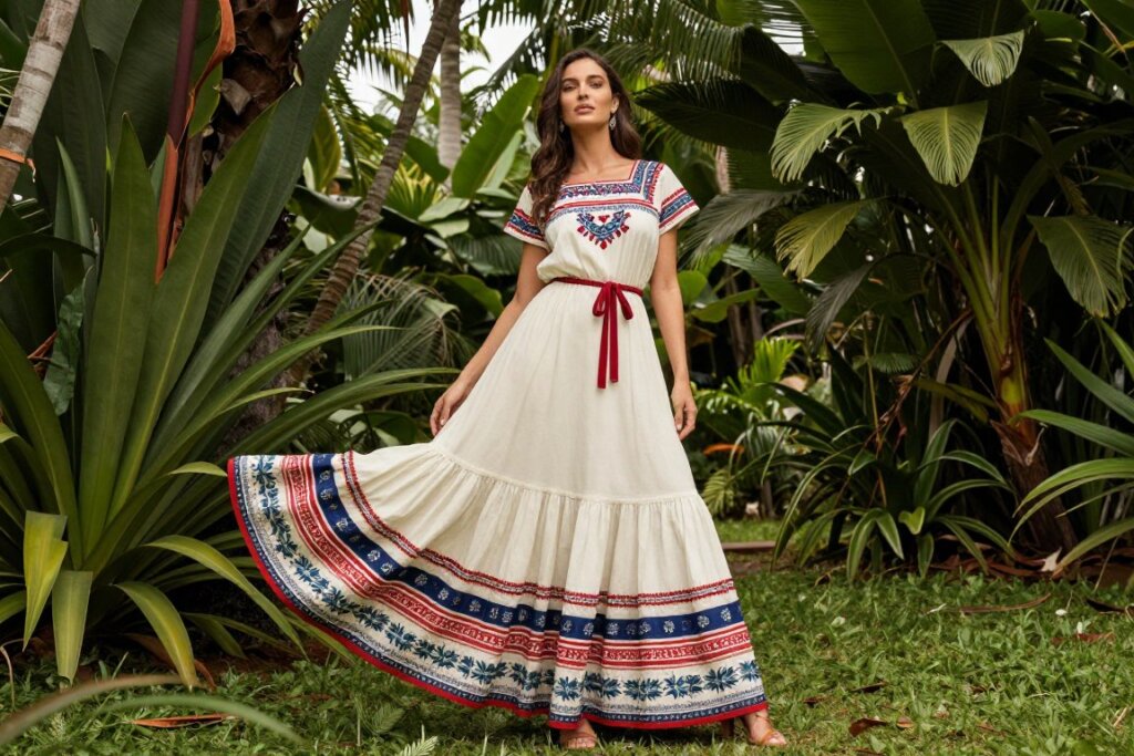 Complete folklore vacation outfit in nature