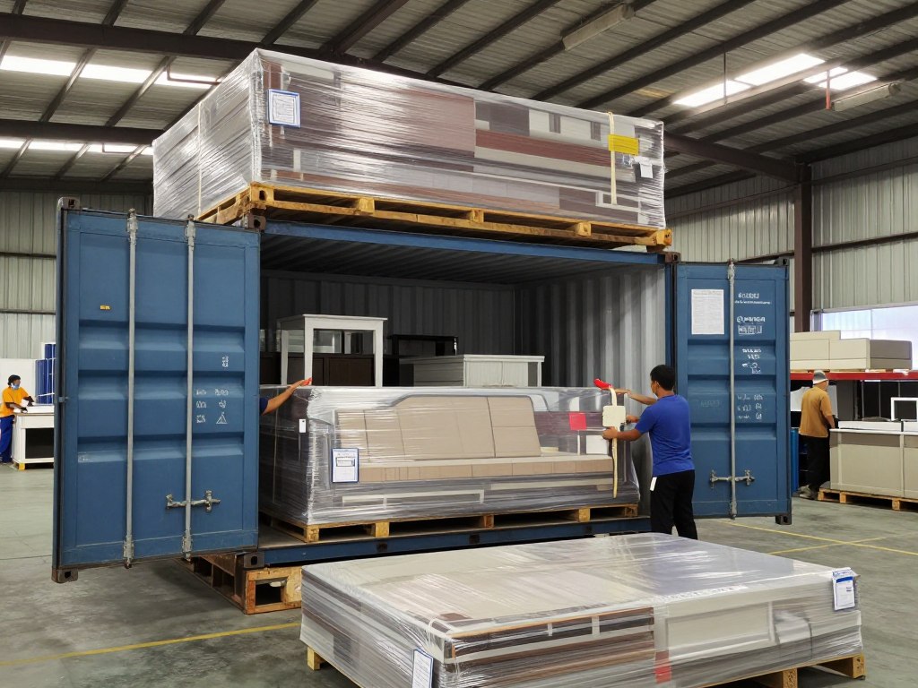 Container being loaded with furniture at Bali shipping warehouse facility
