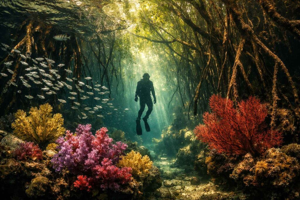 Diver exploring The Passage mangrove reef channel Raja Ampat Indonesia