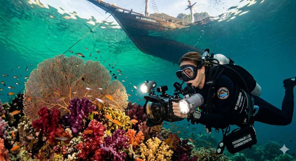 Diver exploring vibrant coral reef on Raja Ampat