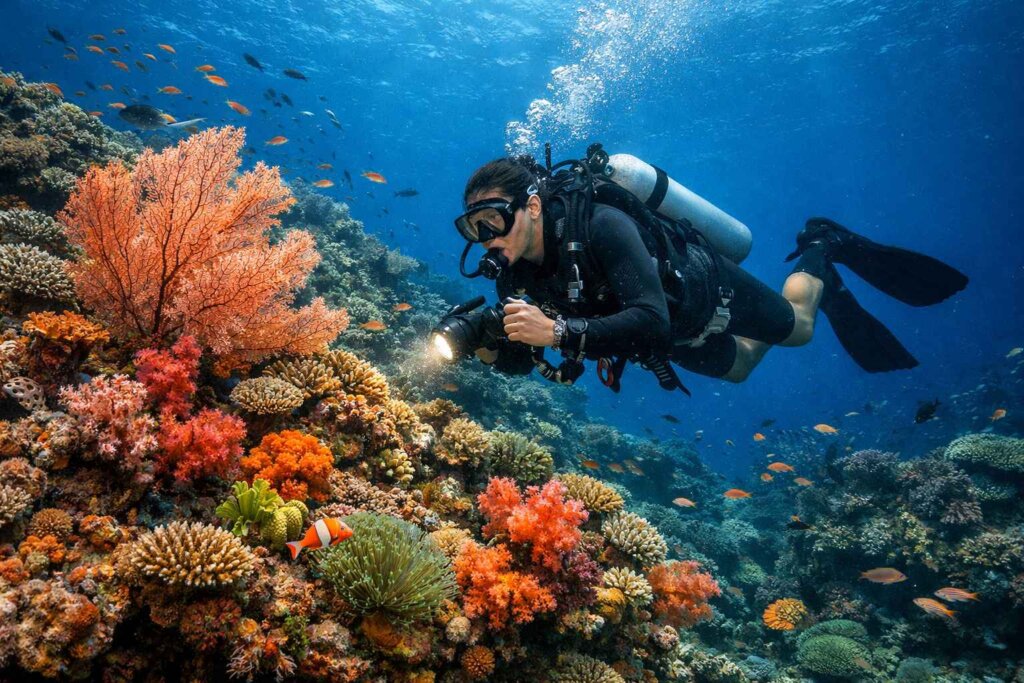 Diver exploring vibrant coral reef on Raja Ampat liveaboard scuba diving trip