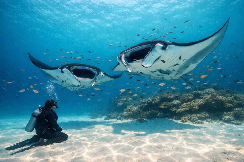 Dive sites raja ampat. Diver hovering beneath manta rays at Manta Sandy cleaning station Raja Ampat