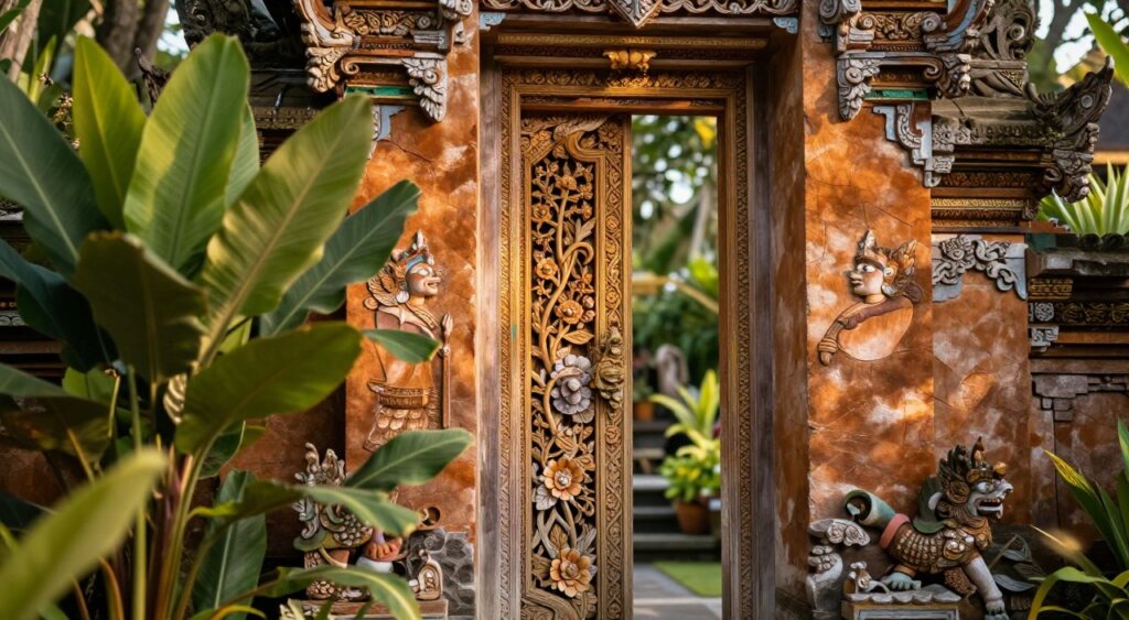 Evoke the beauty of a traditional Bali door, showcasing intricate carvings with a blend of natural wood finishes and vibrant, hand-painted colors. In the foreground, focus on the ornate door design adorned with floral motifs and mythical creatures, highlighting the rich textures of the wood. In the middle ground, include lush tropical foliage to frame the door, creating a serene and inviting atmosphere. The background should feature a softly blurred glimpse of a Balinese garden, adding depth. Capture warm, golden-hour lighting to enhance the natural colors and details, using a shallow depth of field to emphasize the door's craftsmanship. Set the scene at a slight angle to convey depth and perspective, aiming for a natural and tranquil mood that reflects the artistry of Balinese culture.