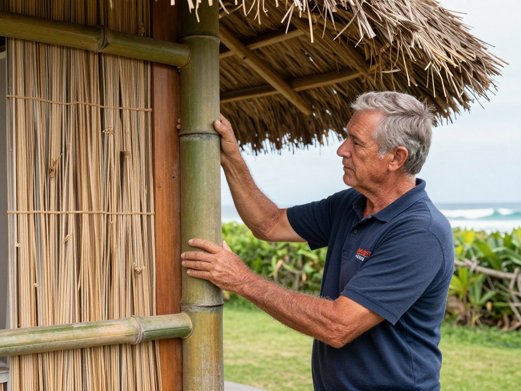 Experienced outdoor living specialist inspecting Bali hut quality
