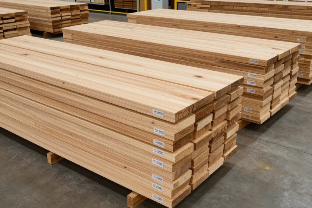 FLEGT certified teak wood planks stacked in Indonesian lumber warehouse