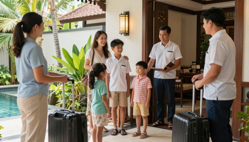 Family checking into Bali resort showing reception and welcome area