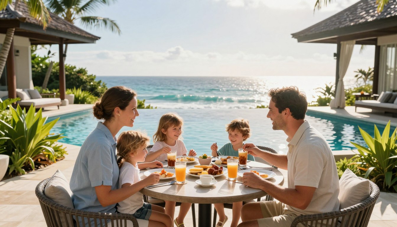 Family enjoying breakfast at beachfront resort in Bali with ocean views