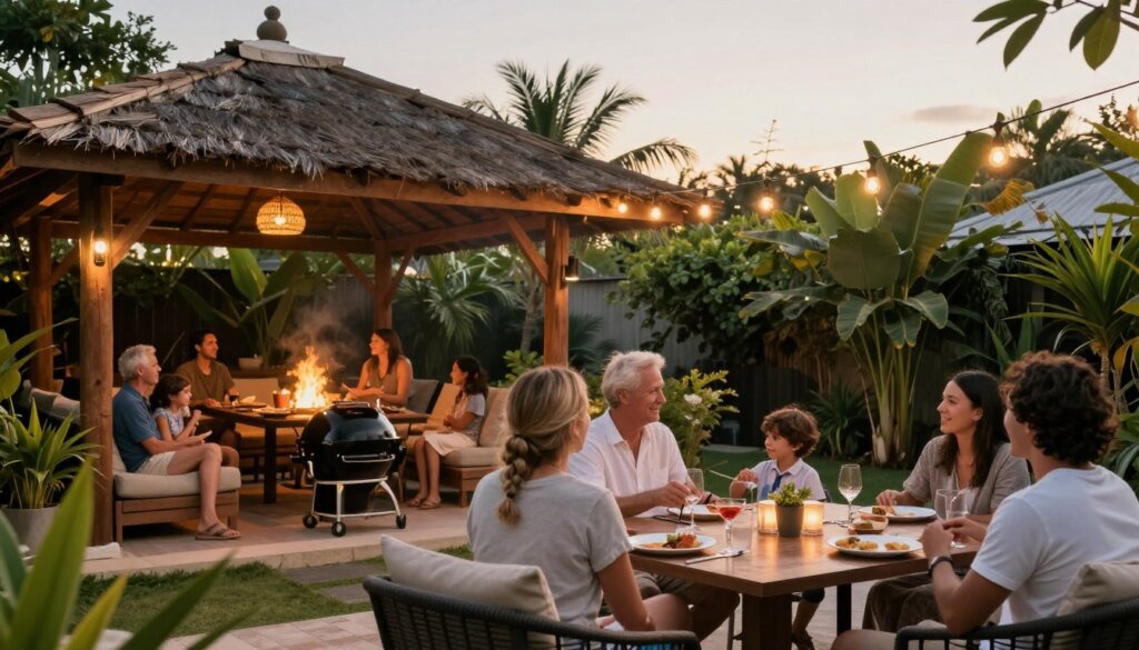 Family enjoying outdoor entertainment under Bali hut gazebo