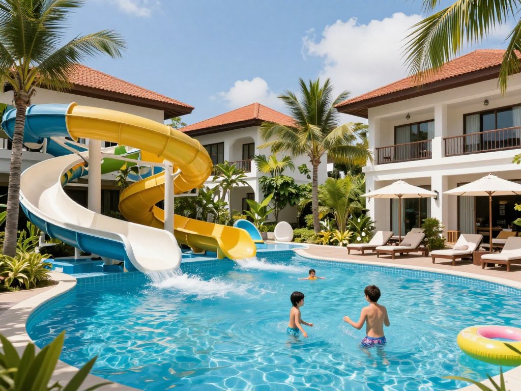 Family resort pool area in Kuta with water slides and children playing
