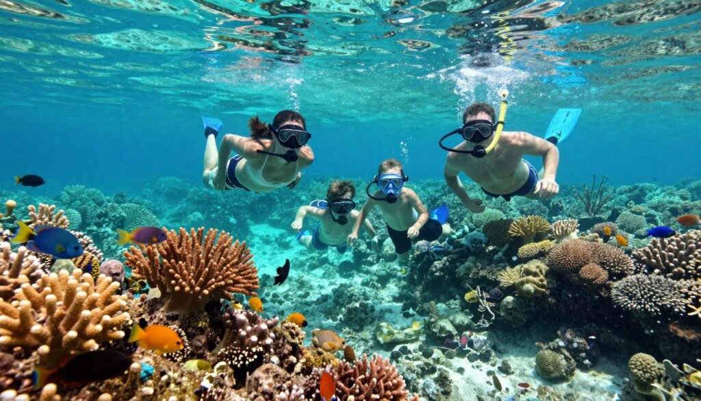 Family snorkeling in clear waters of Amed Bali seeing tropical fish and coral