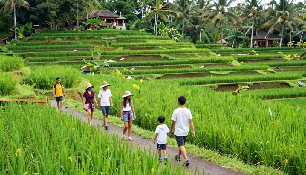 Family walking through Tegalalang rice terraces in Ubud Bali