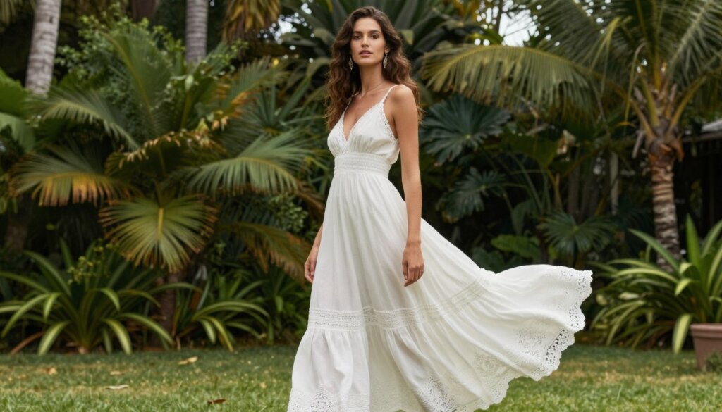 Flowy cottagecore dress in tropical setting