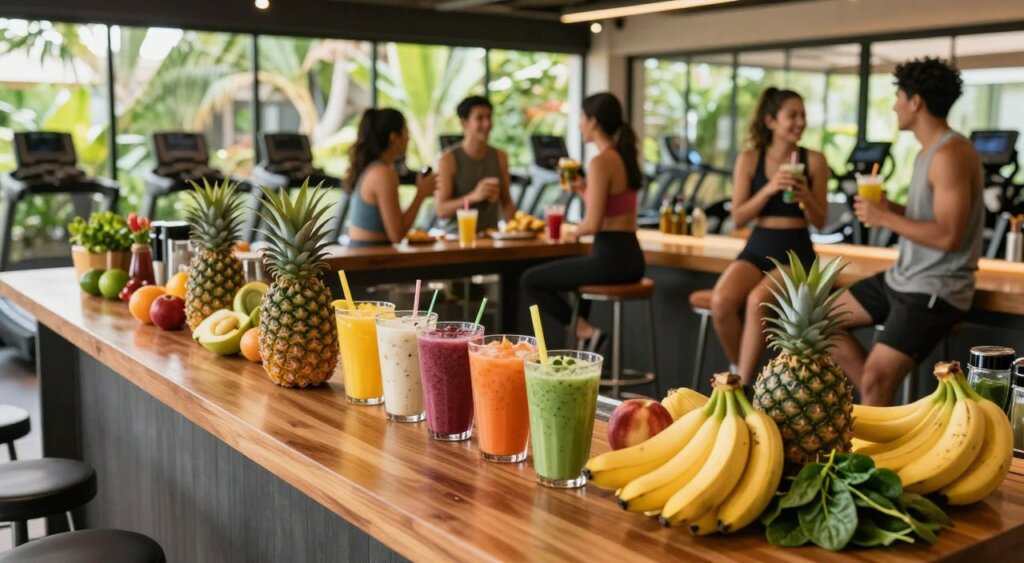 Foreground: A vibrant smoothie bar with an array of colorful, fresh fruits like tropical pineapples, ripe bananas, and green spinach, arranged elegantly on a polished wooden counter. Middle: Energetic individuals in modest athletic wear enjoy smoothies, engaged in conversations while sitting on comfortable high stools, with gym equipment subtly visible in the background. Background: A modern gym space infused with natural light streaming through large windows, displaying tropical greenery outside, high ceilings, and a welcoming atmosphere. Lighting: Soft, natural sunlight creates warm highlights throughout, enhancing the freshness of the scene. Angle: Captured from a slightly elevated perspective to include both the smoothie bar and gym area, evoking a sense of community and health-focused vitality. Overall mood: Lively, refreshing, and inspiring, reflecting the essence of health and nutrition support in this Bali gym setting.
