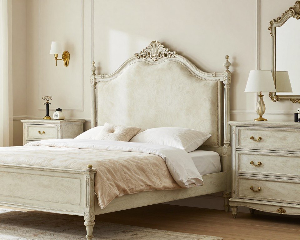 French Provincial style bedroom furniture set with carved details and elegant finish