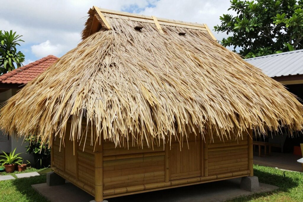 Freshly rethatched Bali hut showing new golden grass roof