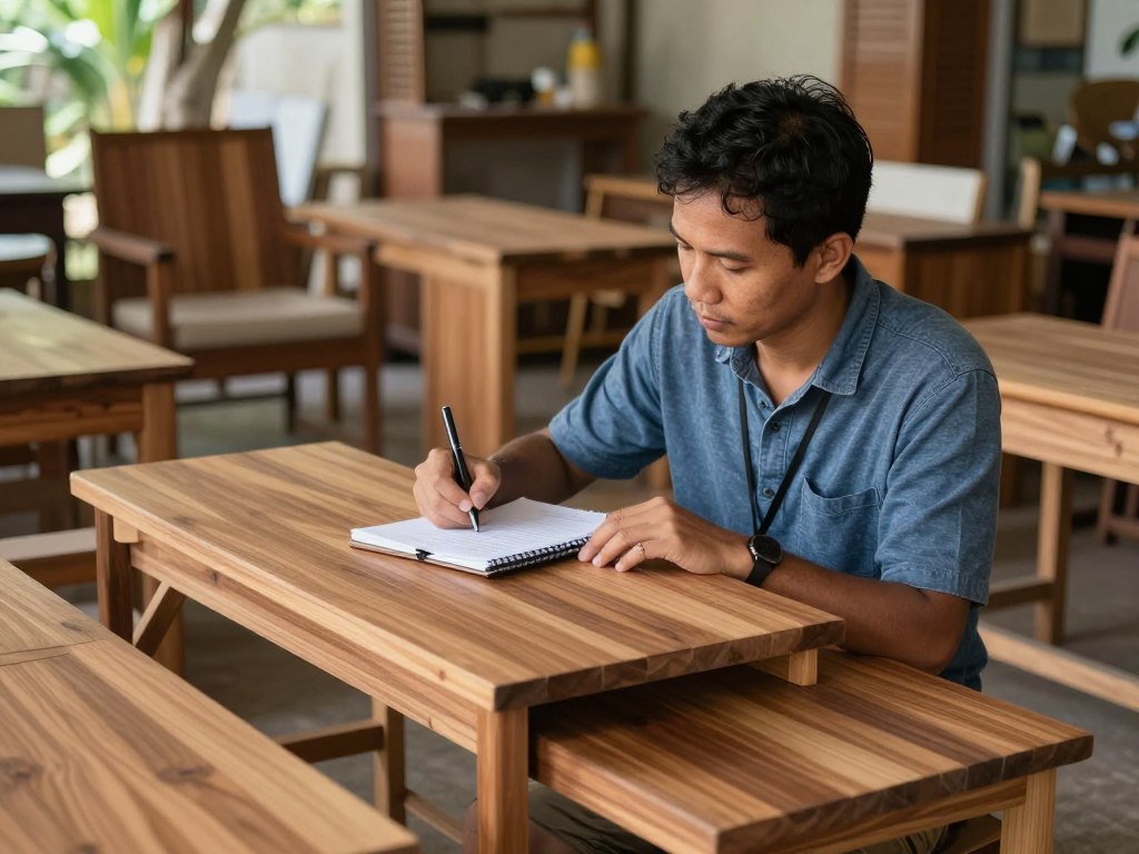 Furniture sourcing specialist reviewing products in Bali workshop showroom