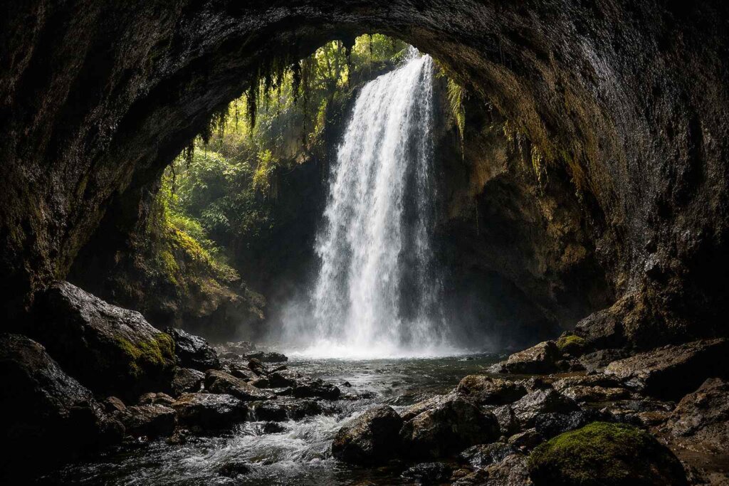 Goa Raja cave waterfall Bali near Ubud, falls emerging from cave mouth