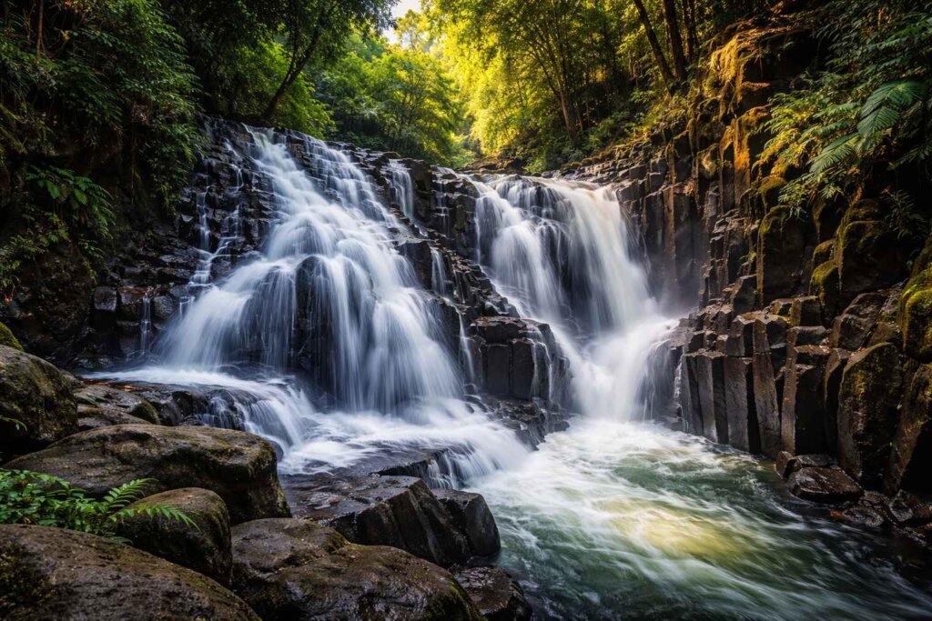Goa Rang Reng volcanic canyon waterfall Bali near Ubud with basalt rock formations