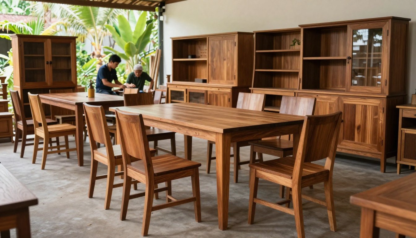 Handcrafted teak wood furniture displayed in Balinese workshop showroom