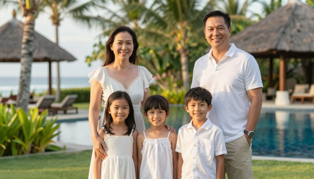 Happy family group photo at their Bali resort showing successful vacation