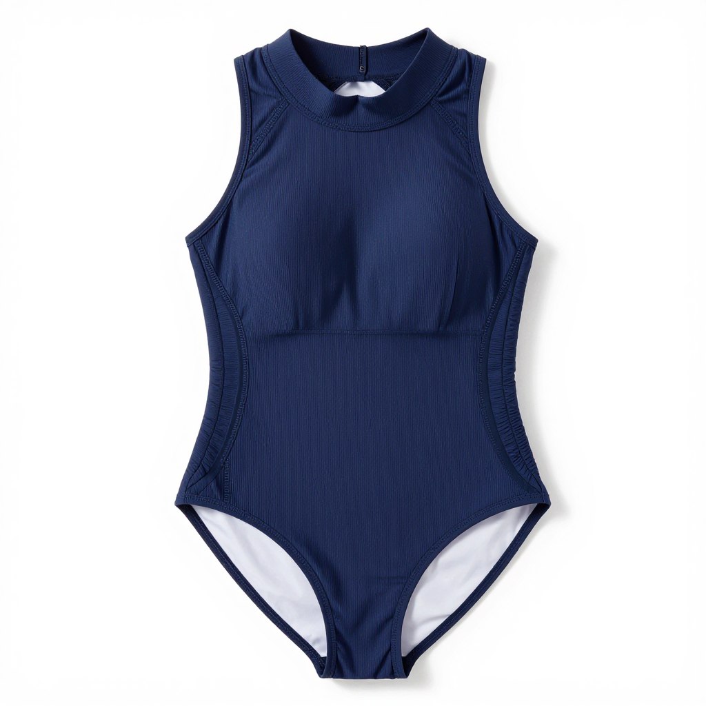 High-neck ribbed swimsuit in navy blue vacation style