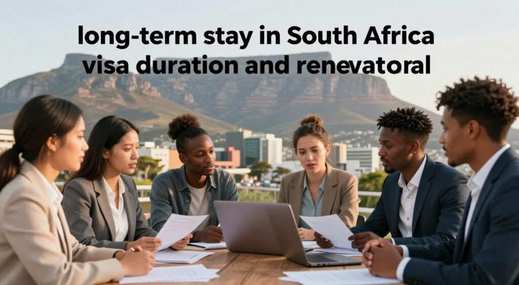 Illustrate the concept of "long-term stay in South Africa visa duration and renewal options" in a visually appealing manner. In the foreground, depict a diverse group of digital nomads, dressed in professional business attire, engaged in animated discussion around a laptop, with paperwork scattered around them. In the middle ground, include a background featuring iconic South African landscapes, such as Table Mountain and vibrant cityscapes, symbolizing the beautiful environment available for remote work. Capture warm, natural lighting that gives a welcoming and inspiring atmosphere, using a shallow depth of field to focus on the group while softly blurring the striking scenery behind them. The overall composition should evoke a sense of community, exploration, and professional growth in an engaging, travel-oriented context.
