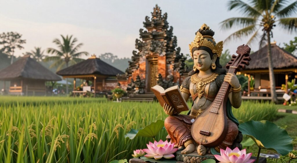 In a serene Balinese temple setting, a lifelike statue of Goddess Saraswati graces the foreground, adorned with intricate gold jewelry and surrounded by vibrant lotus flowers, symbolizing knowledge and wisdom. She holds a book and a stringed instrument, representing learning and art. The middle landscape features lush green rice paddies and traditional thatched-roof houses, creating a harmonious connection to local culture. In the background, stunning ancient stone carvings reflect Balinese artistry and spirituality under a soft golden hour light, casting warm, inviting shadows. A gentle mist envelops the scene, enhancing the mystical atmosphere, while a subtle breeze rustles through the palm trees, adding life to the composition. The image is framed with a slight diagonal angle, mimicking a National Geographic photojournalism style, emphasizing Saraswati's profound significance in Bali.