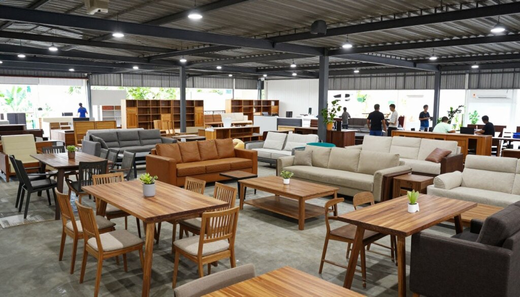 Interior of Bali furniture factory showroom displaying wide range of products