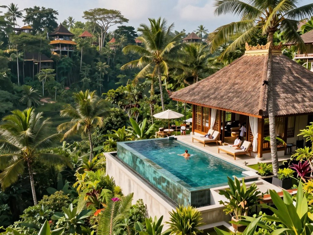 Jungle resort pool overlooking valley in Ubud with family facilities