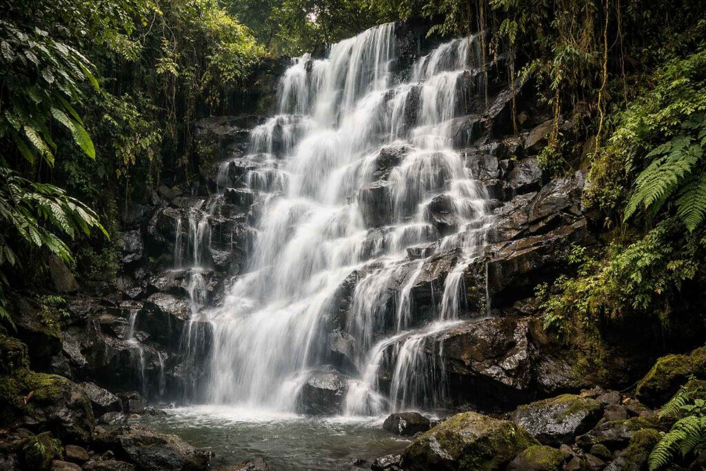 Kanto Lampo Waterfall Ubud cascading over curved basalt rock face, lush jungle framing the falls.