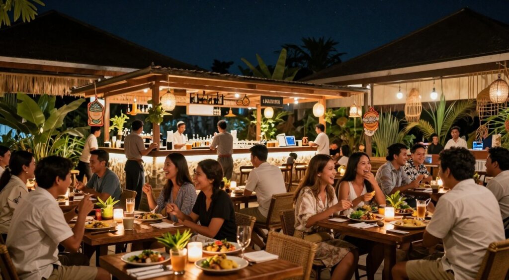 Late night dining scene in Kuta, Bali, showcasing a vibrant restaurant bustling with diners enjoying a range of local and international cuisines. Foreground features tables adorned with candles and exotic dishes, and patrons dressed in modest, casual attire laughing and engaging in lively conversation. The middle ground captures a bartender skillfully mixing drinks at a well-lit bar, while waitstaff bustle between tables. In the background, tropical plants and Balinese decor create an inviting atmosphere, illuminated by warm, ambient lighting. A clear night sky above, dotted with stars, enhances the enchanting vibe. Shot from a slight angle with a warm, soft focus, reminiscent of professional photojournalism style, conveying a lively yet relaxing ambiance perfect for late-night dining and entertainment.
