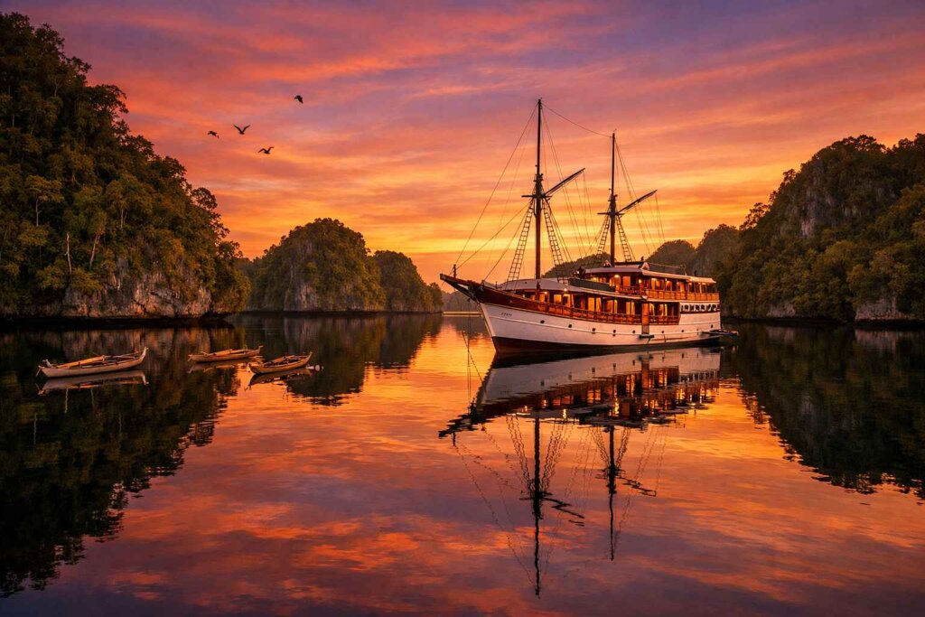 Liveaboard boat anchored at sunset among Raja Ampat limestone karst islands