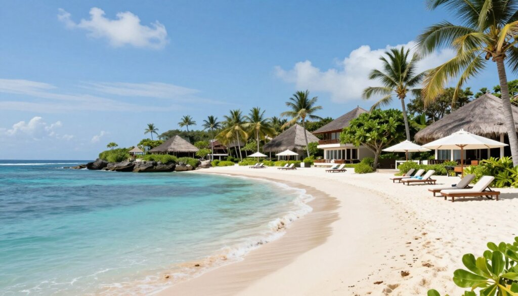 Luxury resort beach in Nusa Dua with calm water and manicured grounds