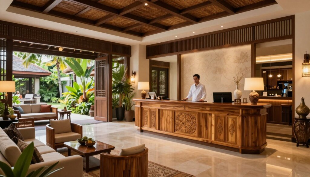 Luxury resort lobby furnished with custom Bali teak furniture pieces
