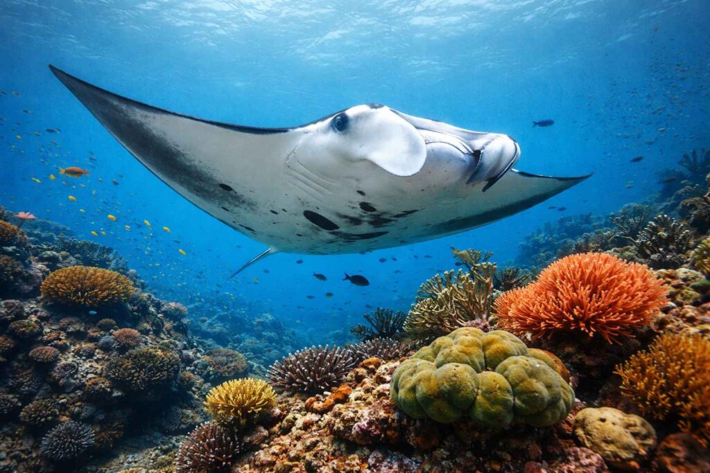 Manta ray gliding over cleaning station at Manta Sandy dive site Raja Ampat West Papua