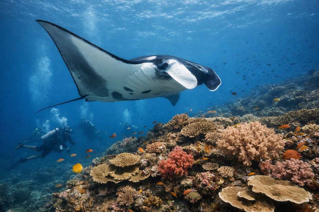 Manta ray gliding over reef during Raja Ampat liveaboard diving expedition