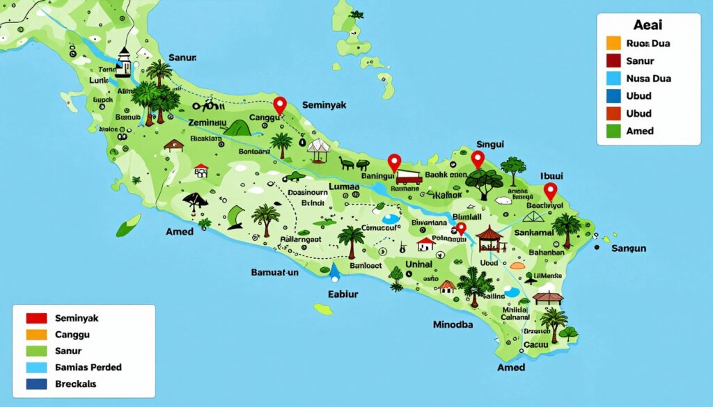 Map showing best family accommodation areas across Bali island