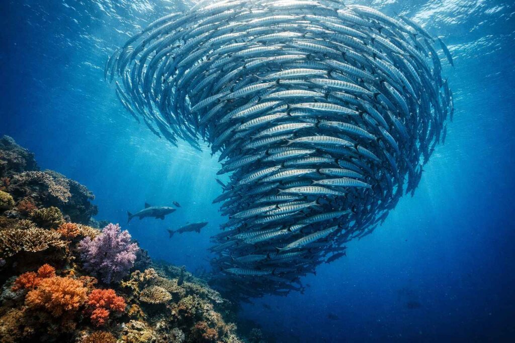 Massive school of barracuda swirling at Cape Kri dive site Raja Ampat Indonesia