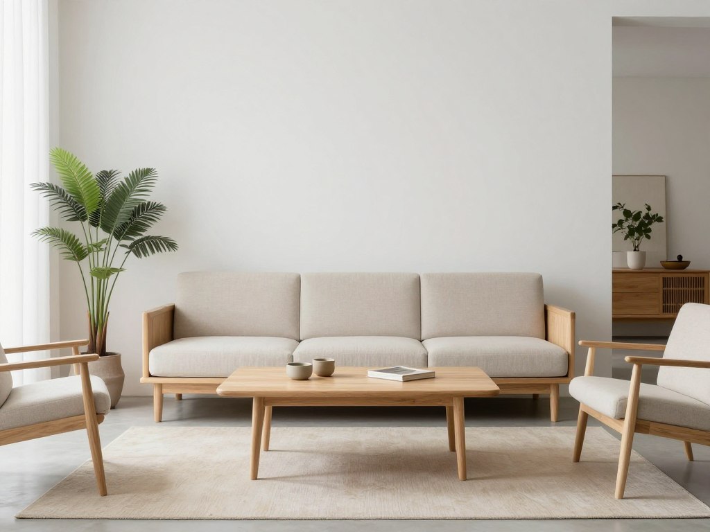 Minimalist Japandi style teak furniture set with clean lines in modern living space
