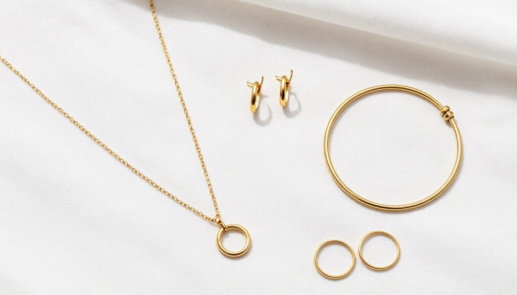 Minimalist gold jewelry flat lay vacation accessories