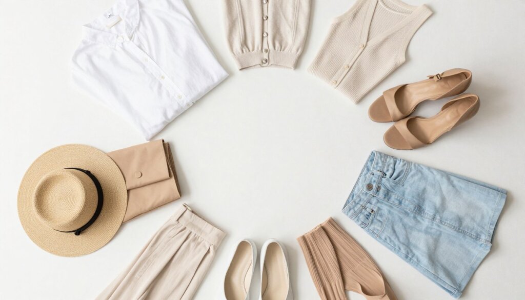 Neutral color palette vacation wardrobe flat lay