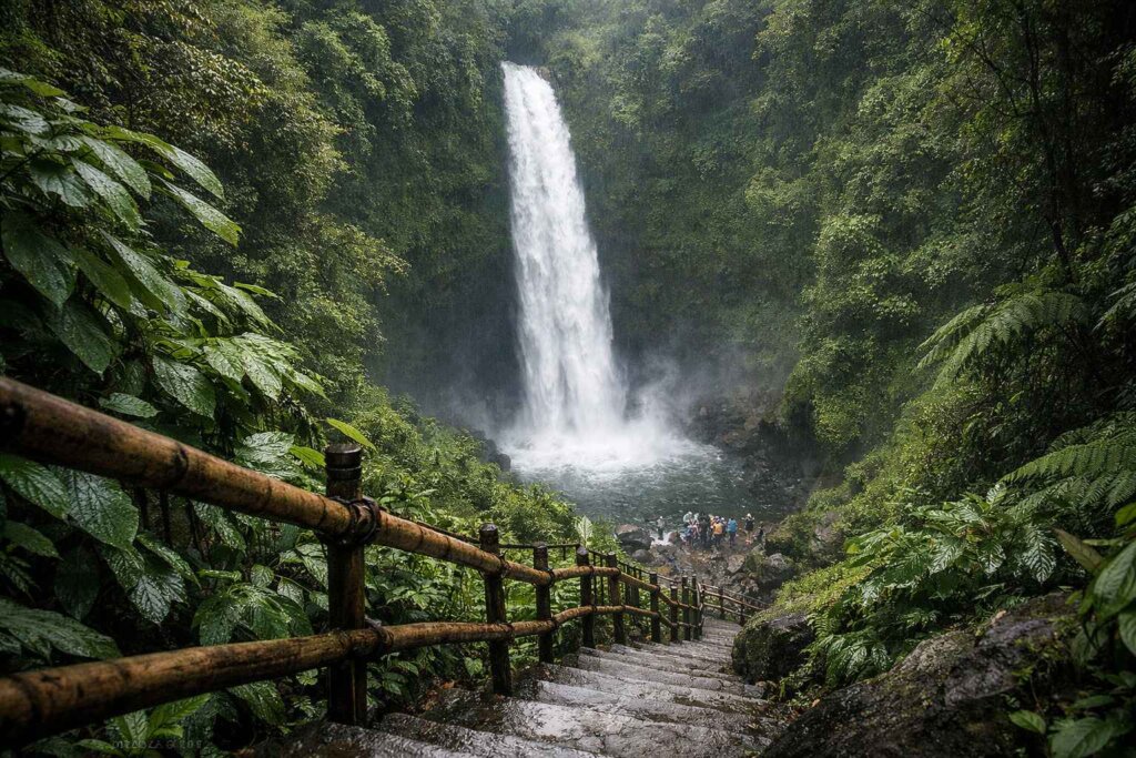 Nungnung Waterfall Bali 50-meter drop into jungle gorge viewed from steep staircase