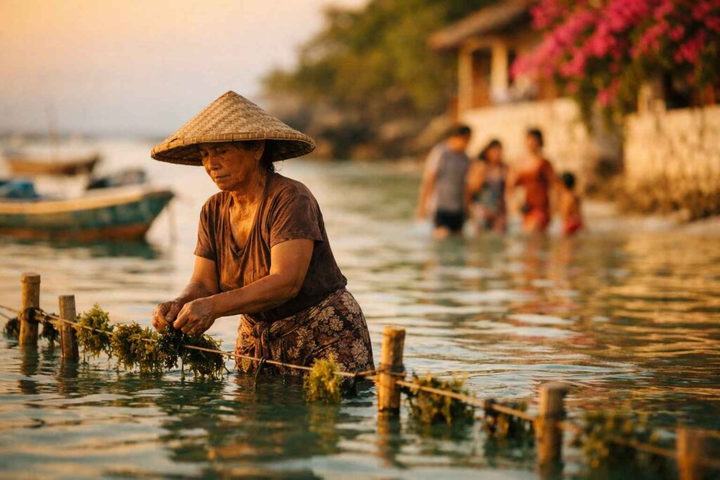 Nusa Lembongan Island Escape. A weathered Balinese seaweed farmer, mid-50s, wearing a wide woven bamboo hat and faded batik sarong, stands knee-deep in the glassy turquoise shallows of Nusa Lembongan at golden hour. 