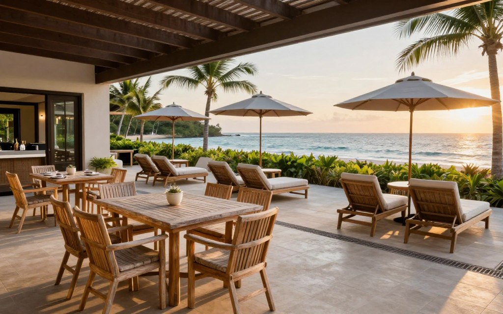 Outdoor resort patio furnished with weather-resistant teak furniture set