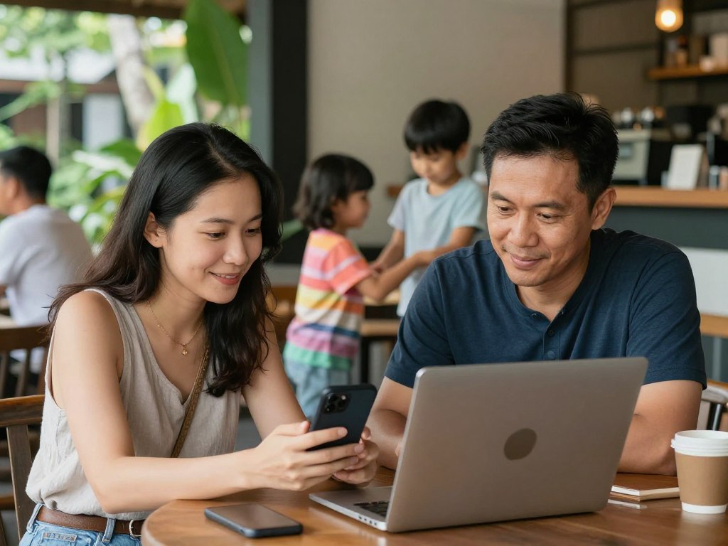 Parents using smartphone to book Bali accommodation while children play nearby