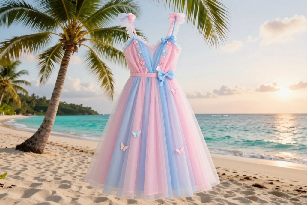 Pastel lover era inspired vacation outfit on tropical beach