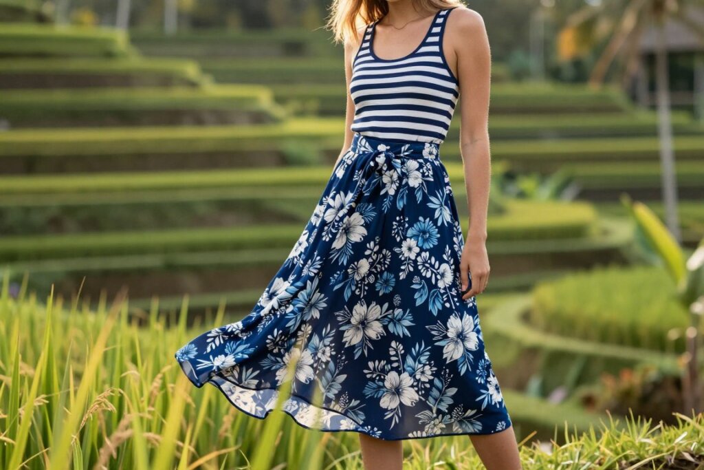 Pattern mixing outfit striped top with floral skirt Bali style