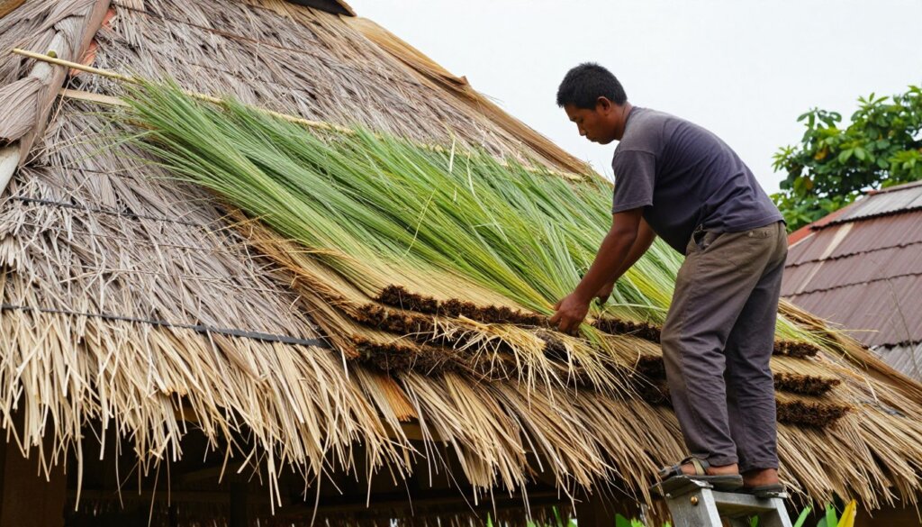 Professional rethatching service being performed on Bali hut roof