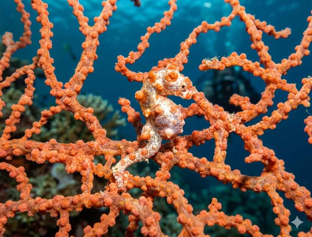 Pygmy seahorse clinging to orange sea fan Raja Ampat macro underwater photography
